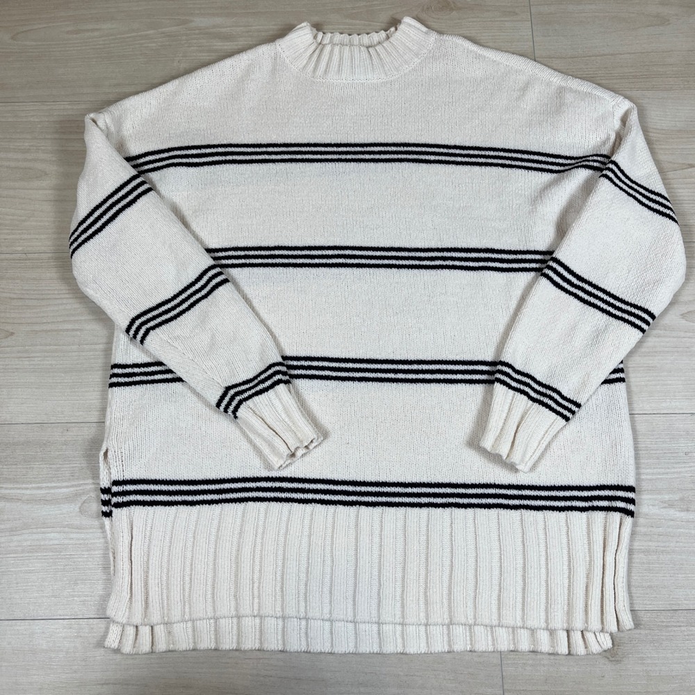 Sanctuary Womens Striped Mock Neck Oversized Sweater Cream Black XS